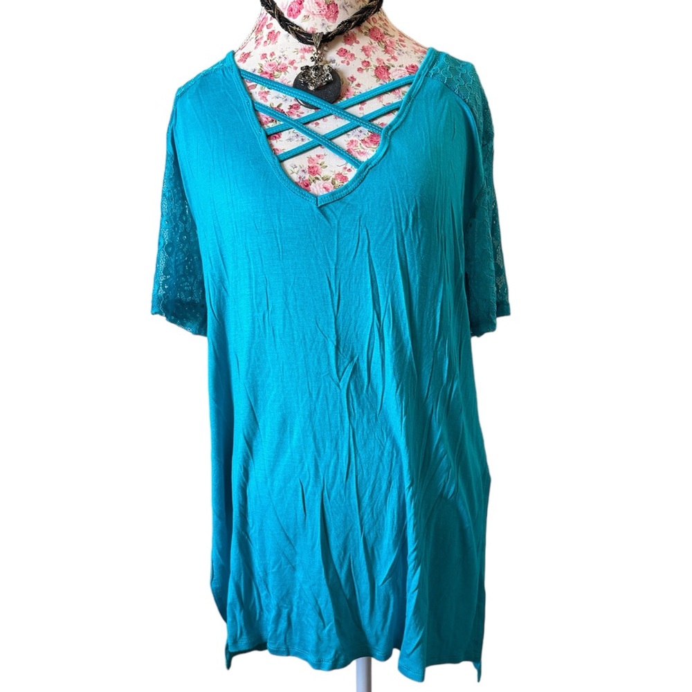 Crush Teal Blue Lace Neck Tee